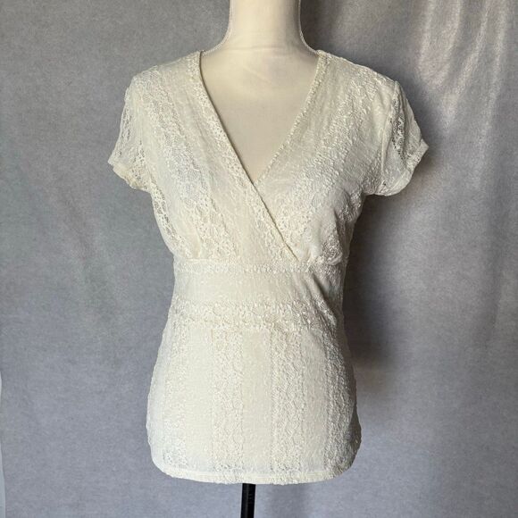 Vintage Ivory White V-neck Short-sleeve Lace Top Stretch Fitted Y2K Rafaella - Picture 1 of 7